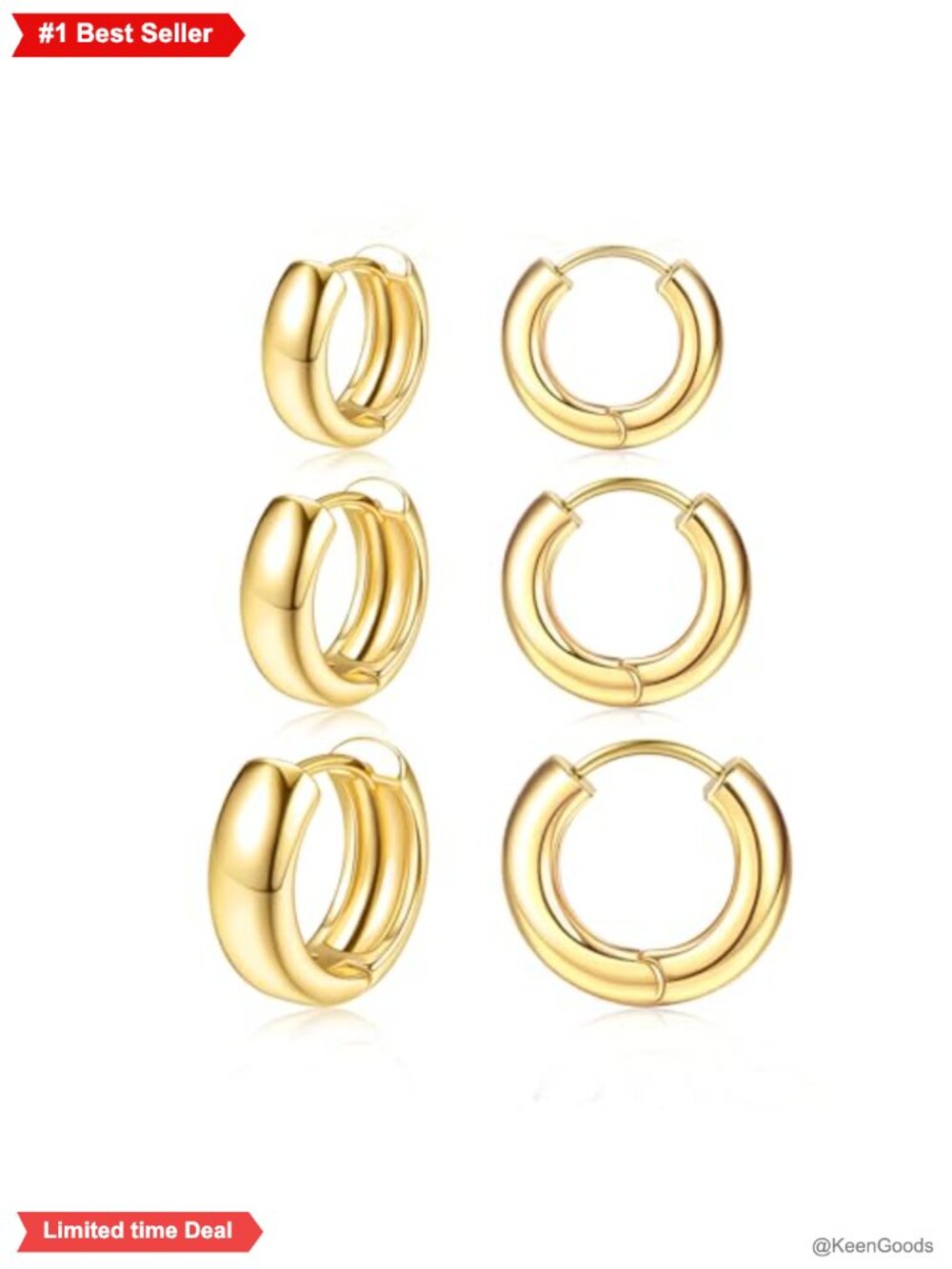 14K Gold Plated Small Chunky Hoop Earrings Hypoallergenic 3 Pair Set